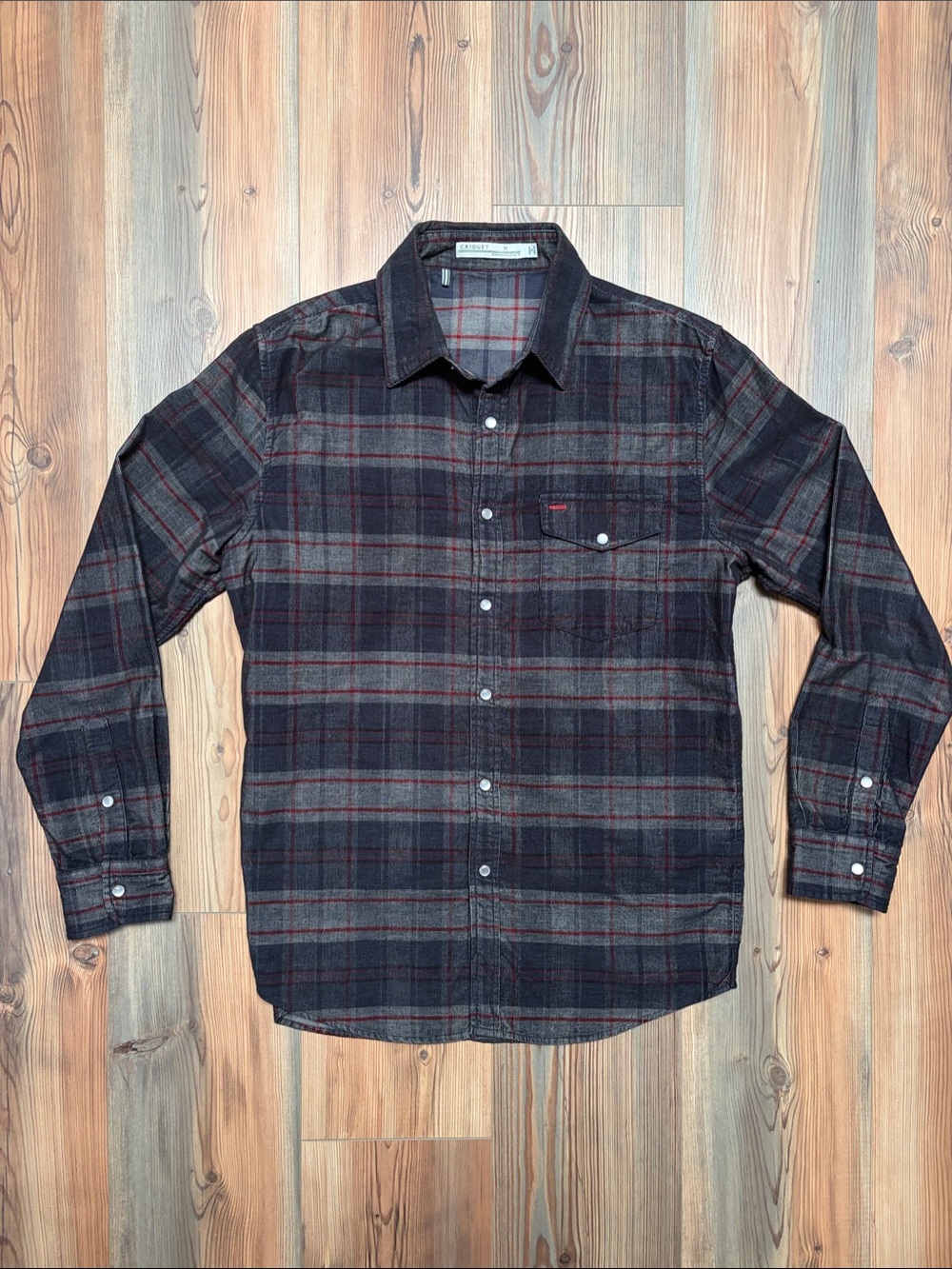 Criquet Men's Pearl Snap Corduroy Shirt Medium Black Gray Red EUC